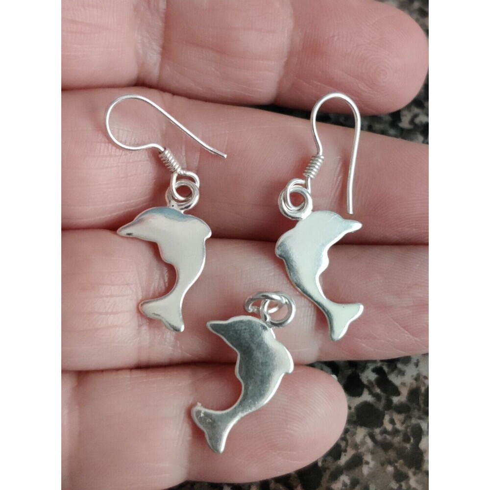 Petite sterling silver 925 High Polish Dolphin Fish drop earrings + Pendant